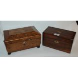 A Victorian two division tea caddy, 23cm wide and a sewing box lacking interior, 26cm wide (2)
