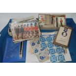 A tray lot of various post cards, cigarette cards, Victoria in Memoriam card and Rabbie Burns