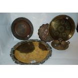A collection of copper and brass including salver, 40cm, chamber candlestick etc Condition Report:
