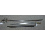 An early bayonet with metal scabbard, blade 57cm, overall 70cm and a naval sword, the blade 81cm (2)