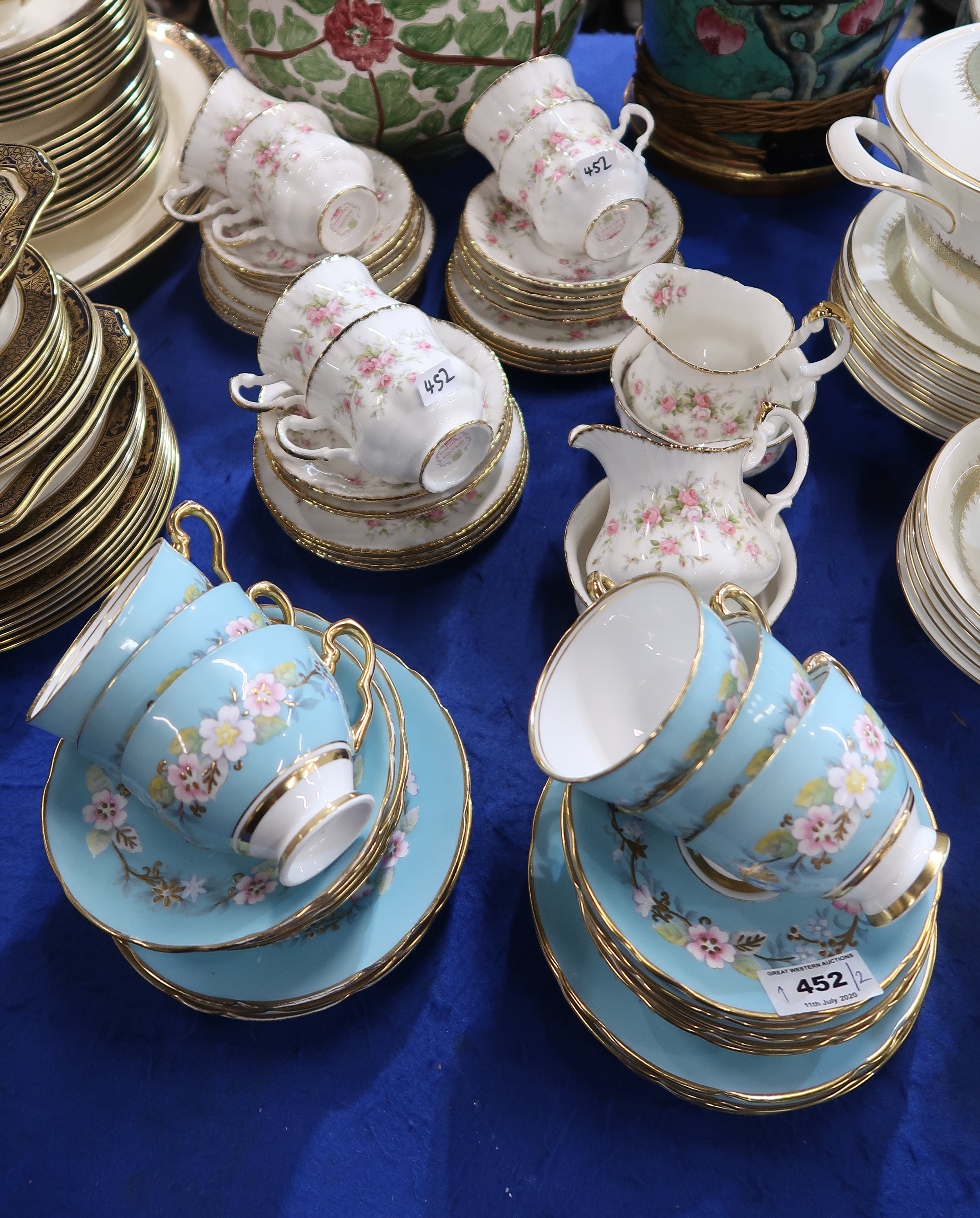 A Royal Stafford Garland pattern teawares with turquoise ground, together with a Paragon