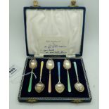 A cased set of silver and enamel coffee spoons Birmingham marks Condition Report: Available upon