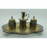 A silver triple inkstand, London 1877, retailed by Asprey & Son, with integral candleholder