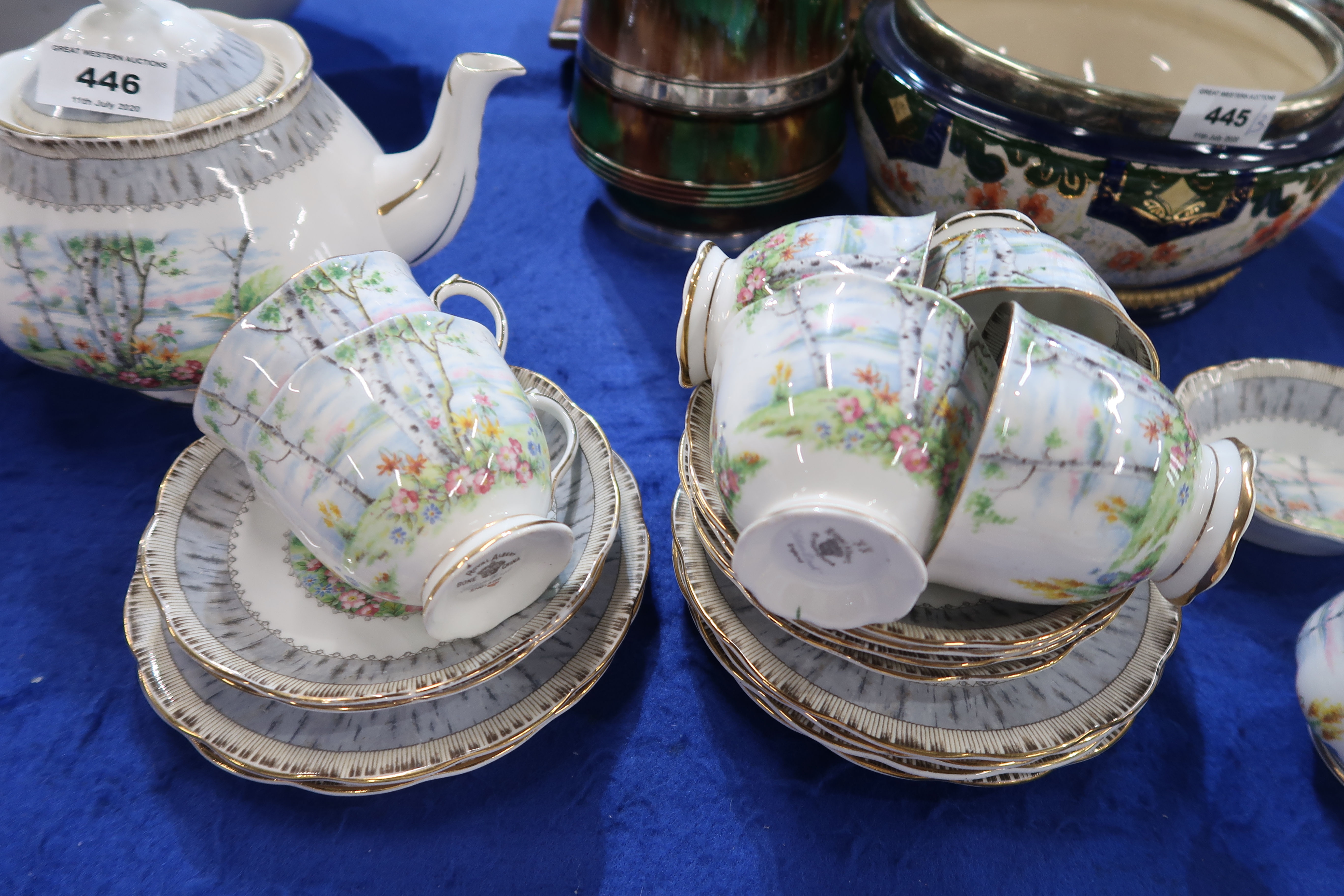 A Royal Albert Silver Birch teaset comprising six cups and saucers, plates, jam dish, teapot, milk - Image 2 of 2