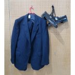 A chalk stripe navy wool suit by Jaeger, a pair of Saxone black brogue's (approx size UK 10)