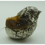 A silver plate mounted pin cushion modelled as a bird 6cm high Condition Report: Available upon