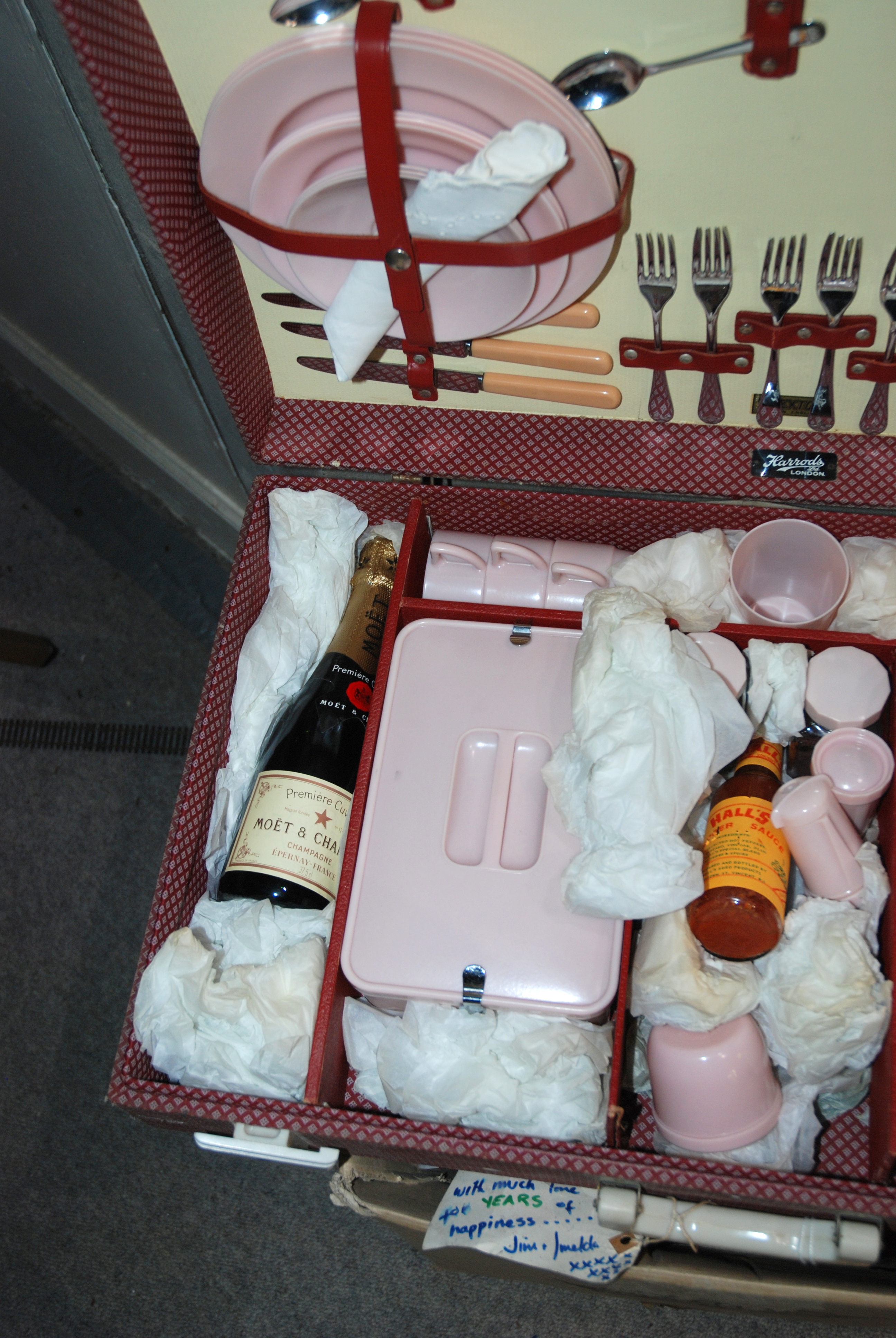 A vintage Harrods picnic set complete with two half bottles of Moet & Chandon champagne with paper - Image 4 of 4