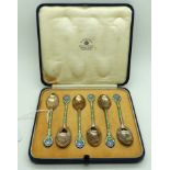 A cased set of six Mappin and Webb silver and floral enamel coffee spoons Birmingham marks Condition