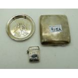 A lot comprising a silver cigarette case, a vesta & a dish assorted marks 149 grams Condition