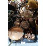 A selection of copper plated kitchen wares, including kettles, stove pan, milk jug etc Condition