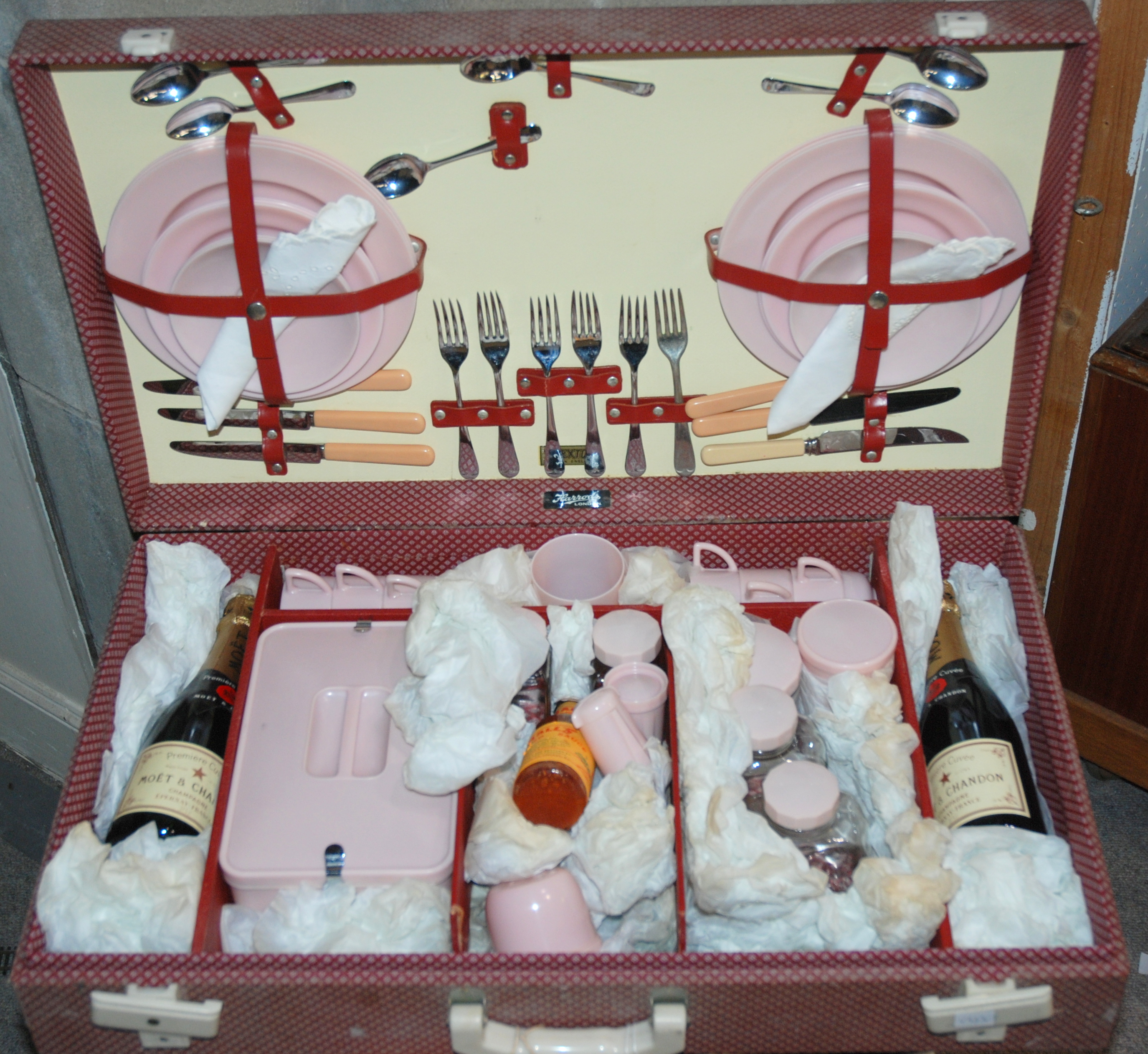 A vintage Harrods picnic set complete with two half bottles of Moet & Chandon champagne with paper - Image 2 of 4