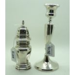 A lot comprising a silver candlestick (def) Birmingham 1945, 19.7 cm high and a silver sugar