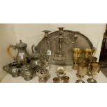 A lot comprising a pewter tea service, tray, goblets, EP candelabra etc Condition Report: