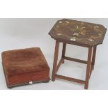 A small mahogany table with an inlay of musical instruments, 44cm high x 43cm wide x 36cm deep and a