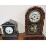 A black slate mantle clock and a walnut clock with painted glass door (2) Condition Report: