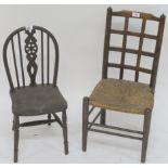 A childs windsor armchair, 62cm high and a childs ash chair with lattice back and string seat (2)