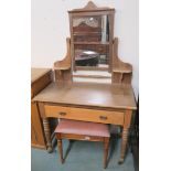 A pine dressing table with single drawer, 154cm high x 93cm wide x 50cm deep and a dressing stool (