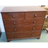 A mahogany two over three chest of drawers with turned handles on bracket feet, 100cm high x 110cm