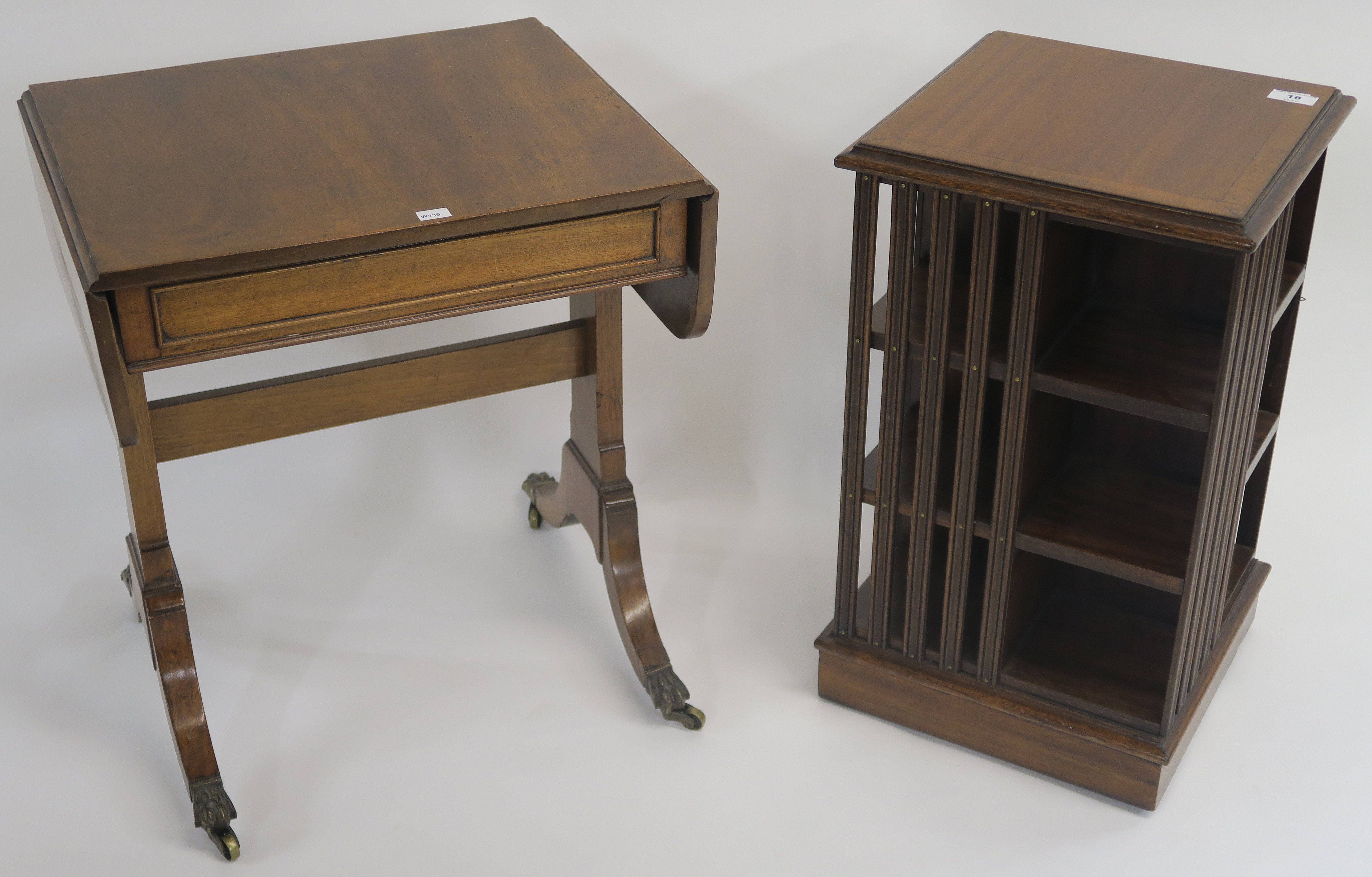 A small mahogany bookcase, 57cm high x 34cm wide x 34cm deep and a small mahogany sofa table (2)