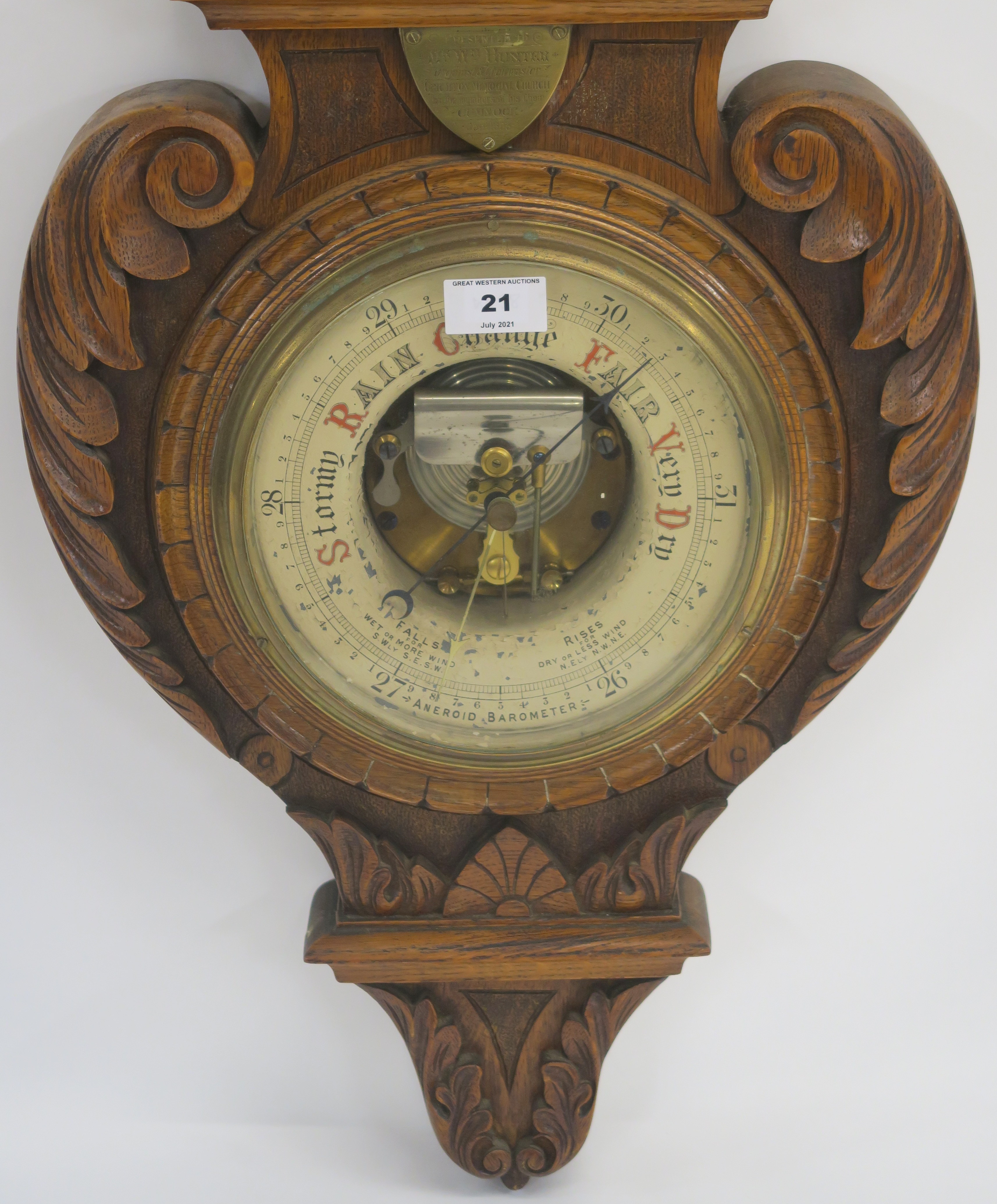 A Victorian carved oak thermometer/barmometer, 101cm high Condition Report: Available upon request - Image 3 of 4