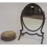 A Victorian inlaid walnut circular foot stool, 30cm diameter and a mahogany toilet mirror (2)