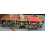 A small inlaid mahogany sutherland table, reproduction side table, tray and stand and a nest of