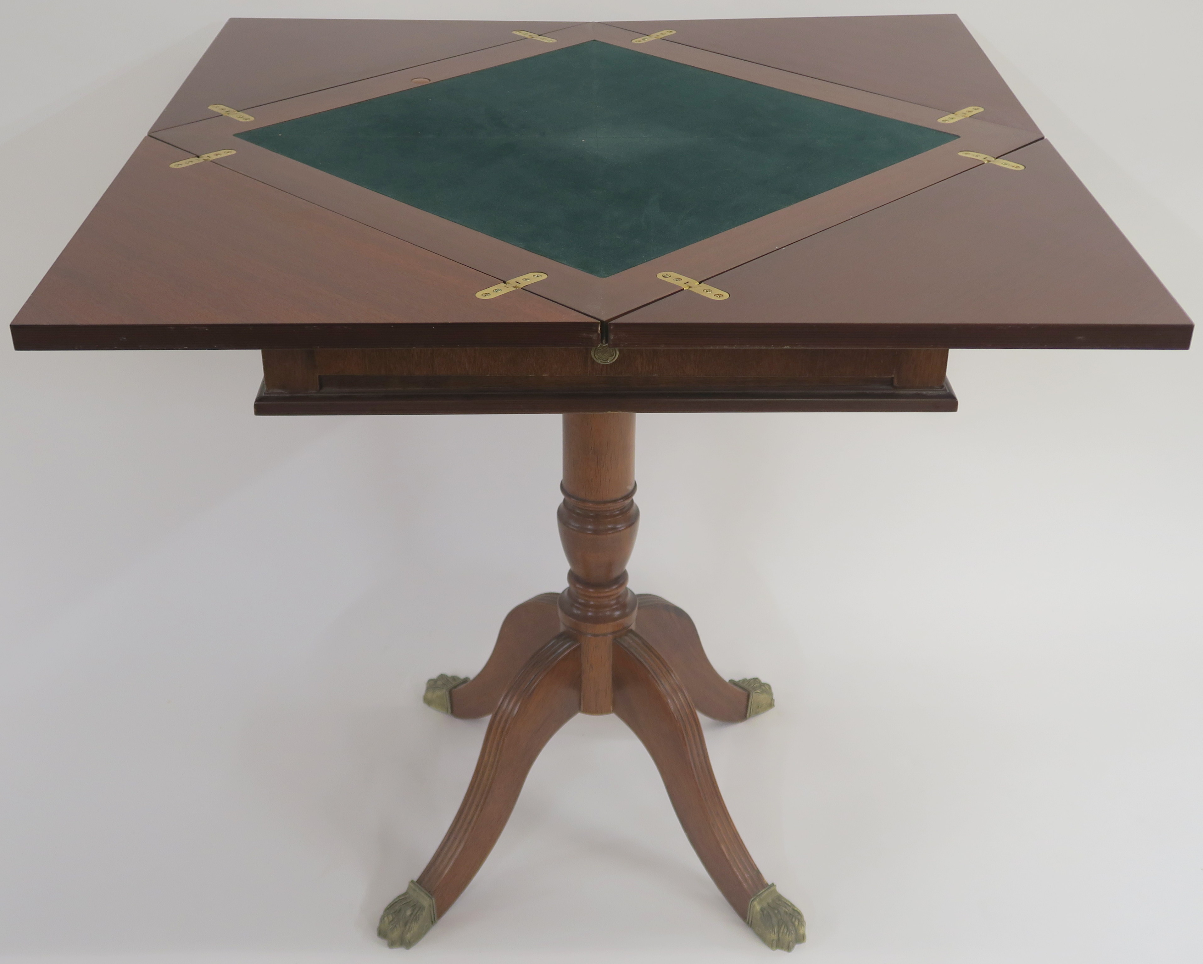 A reproduction mahogany envelope card table with single drawer, 76cm high x 54cm wide x 54cm deep