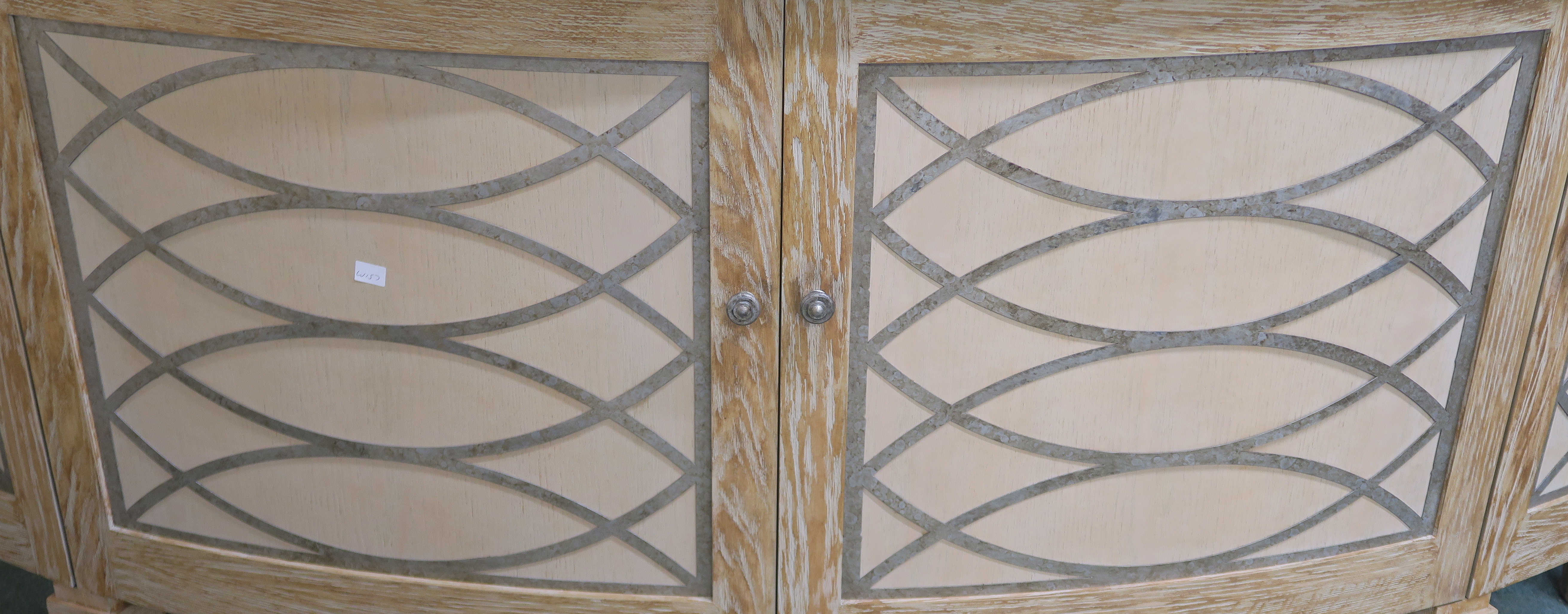 A modern limed pine bow front sideboard with four doors with the top having a textured finish with - Image 2 of 5