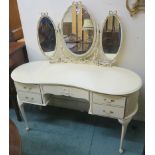 A cream French style dressing table with triple mirror, 140cm high x 132cm wide x 51cm high