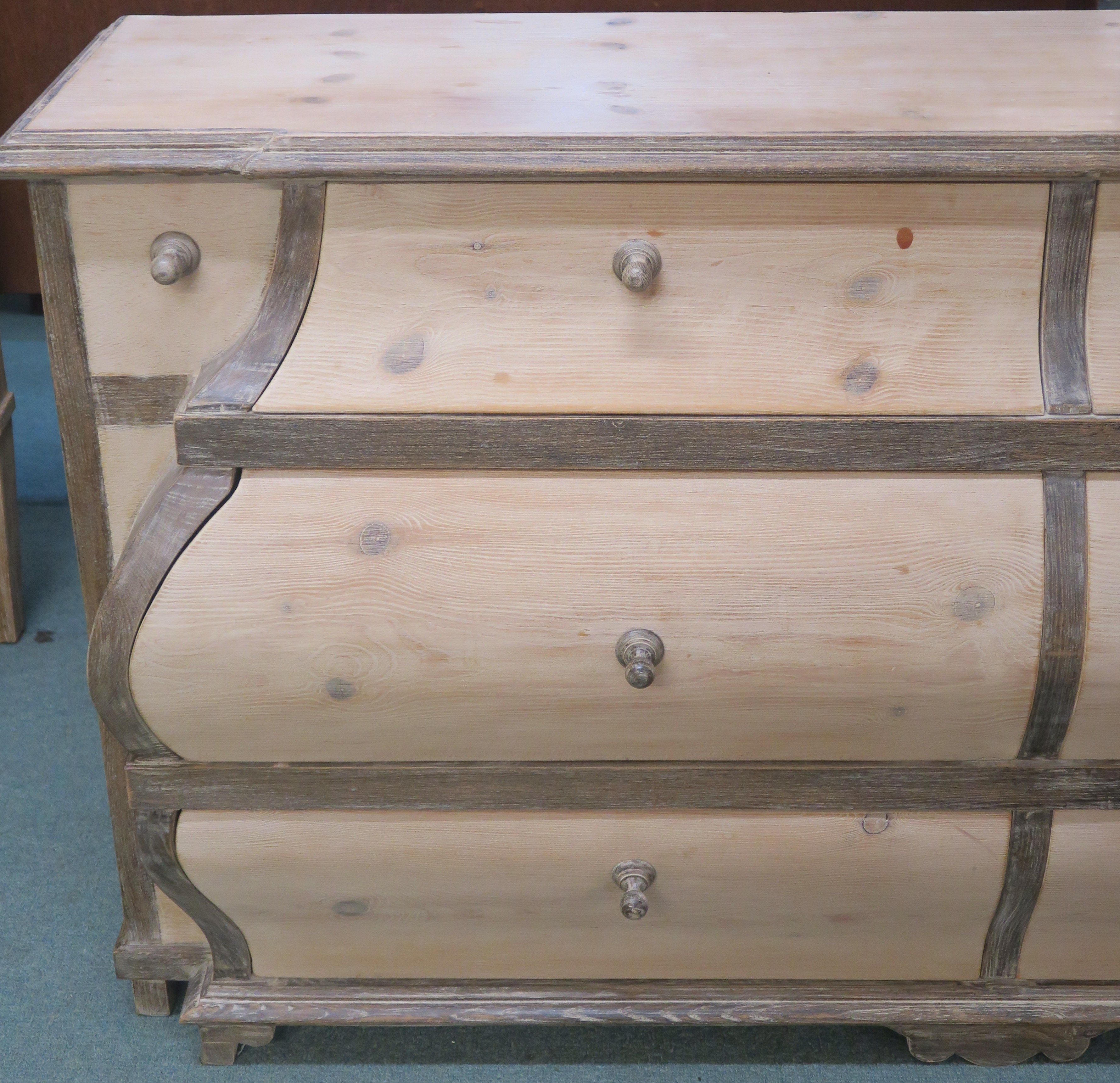 A modern limed pine bombe shaped sideboard with nine drawers, retailed by Design Works, Interior - Image 4 of 6