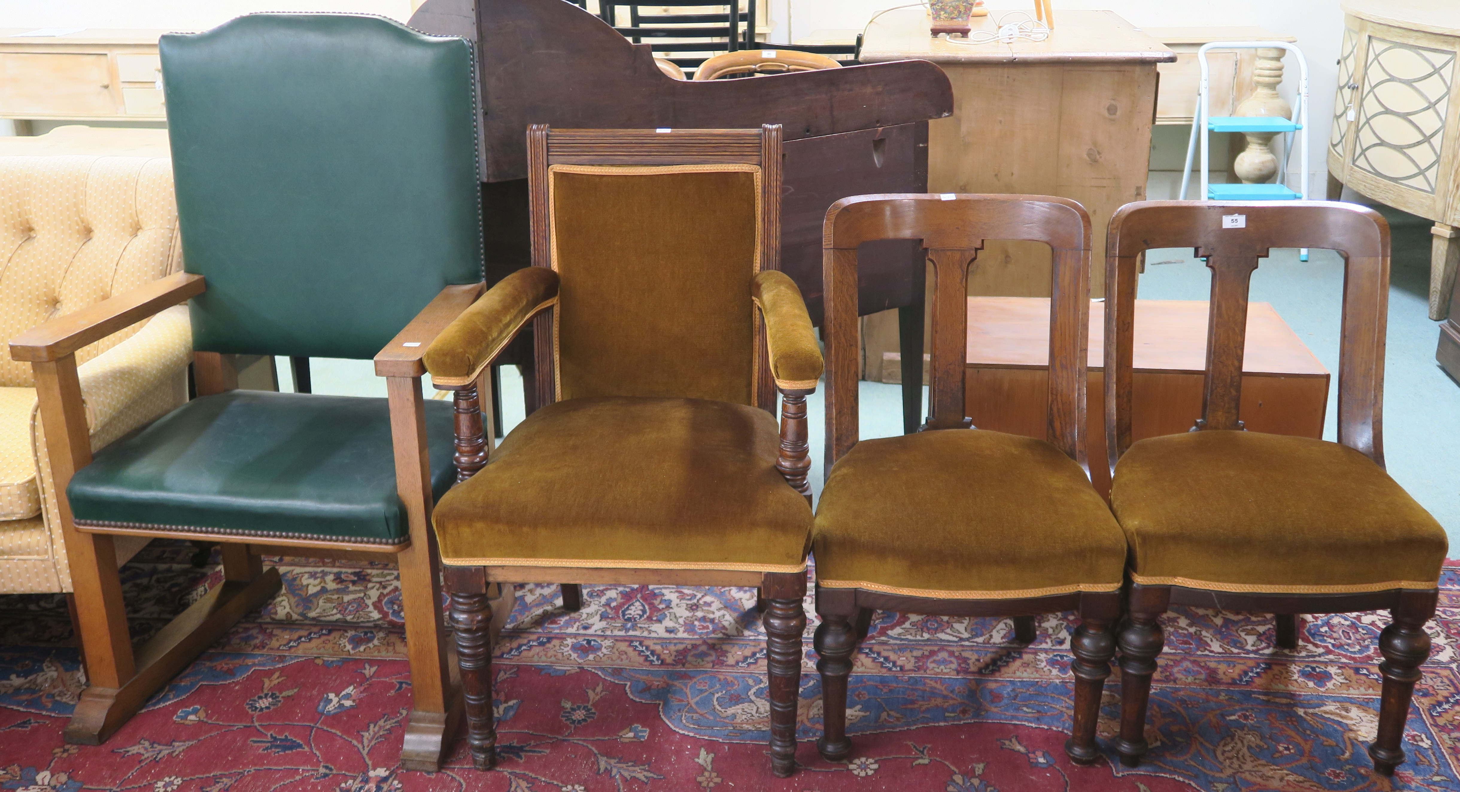 An oak ecclesiastical chair, an oak armchair and two Victorian oak chairs (4) Condition Report: