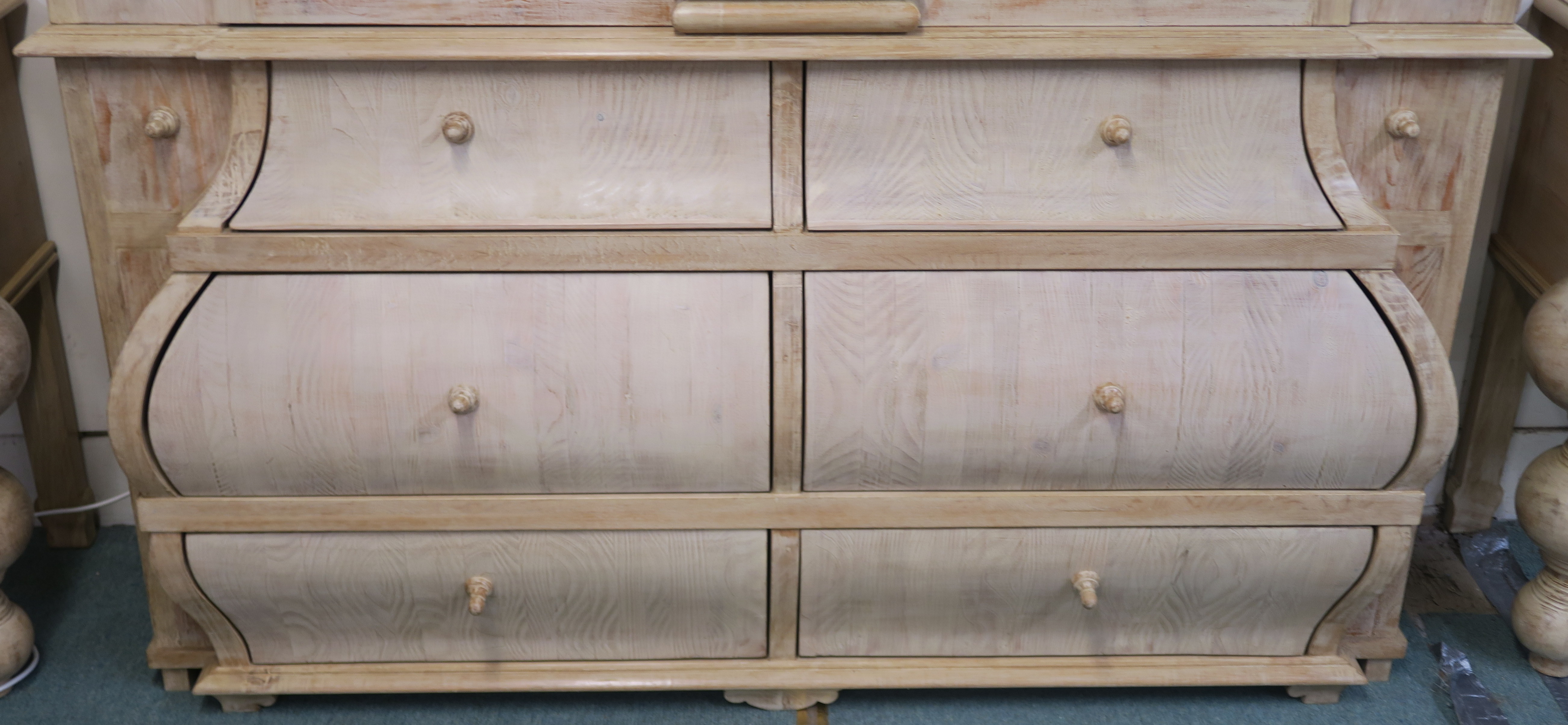 A modern limed pine display cabinet with shaped crown with two shaped glazed doors with shelves - Image 4 of 6