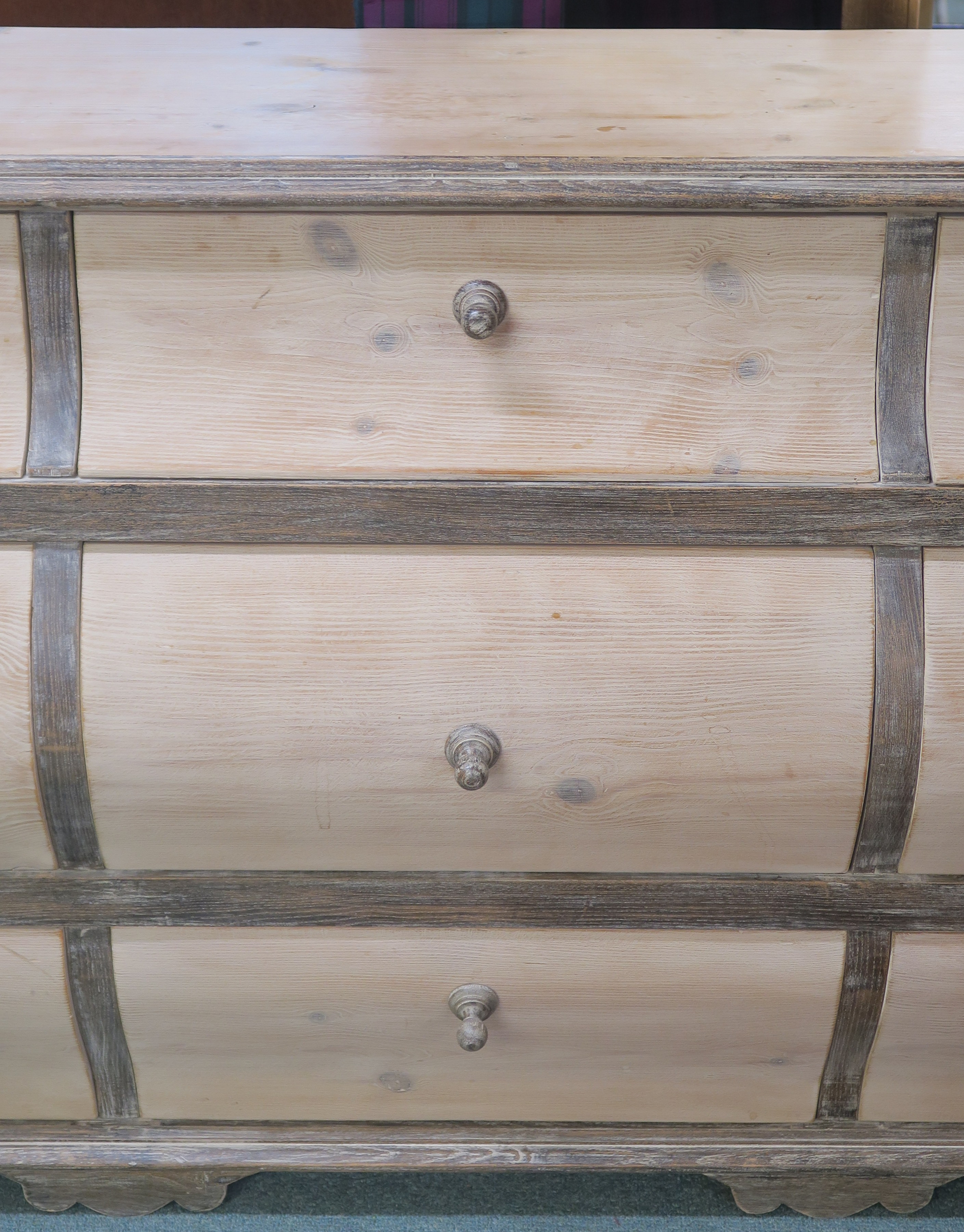 A modern limed pine bombe shaped sideboard with nine drawers, retailed by Design Works, Interior - Image 3 of 6