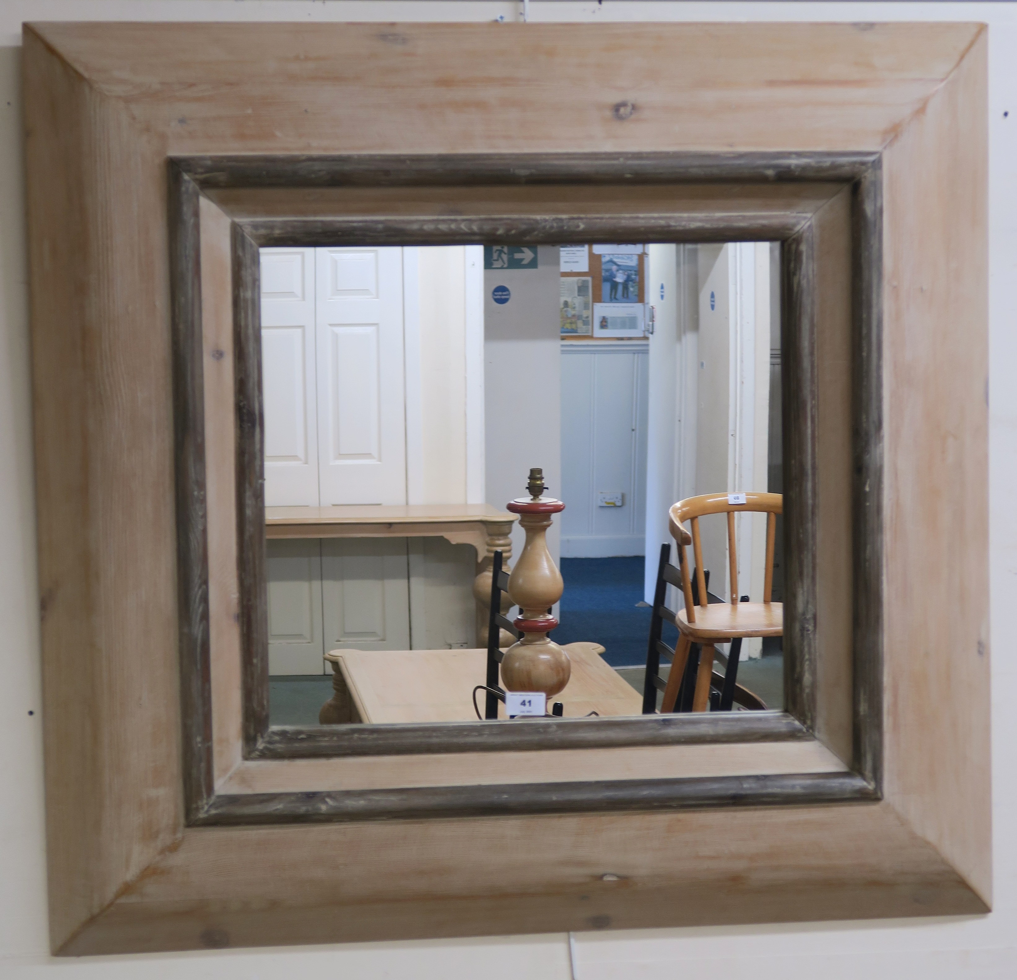 A modern limed pine wall mirror, retailed by Design Works, Interior designers, Glasgow,90cm x 95cm