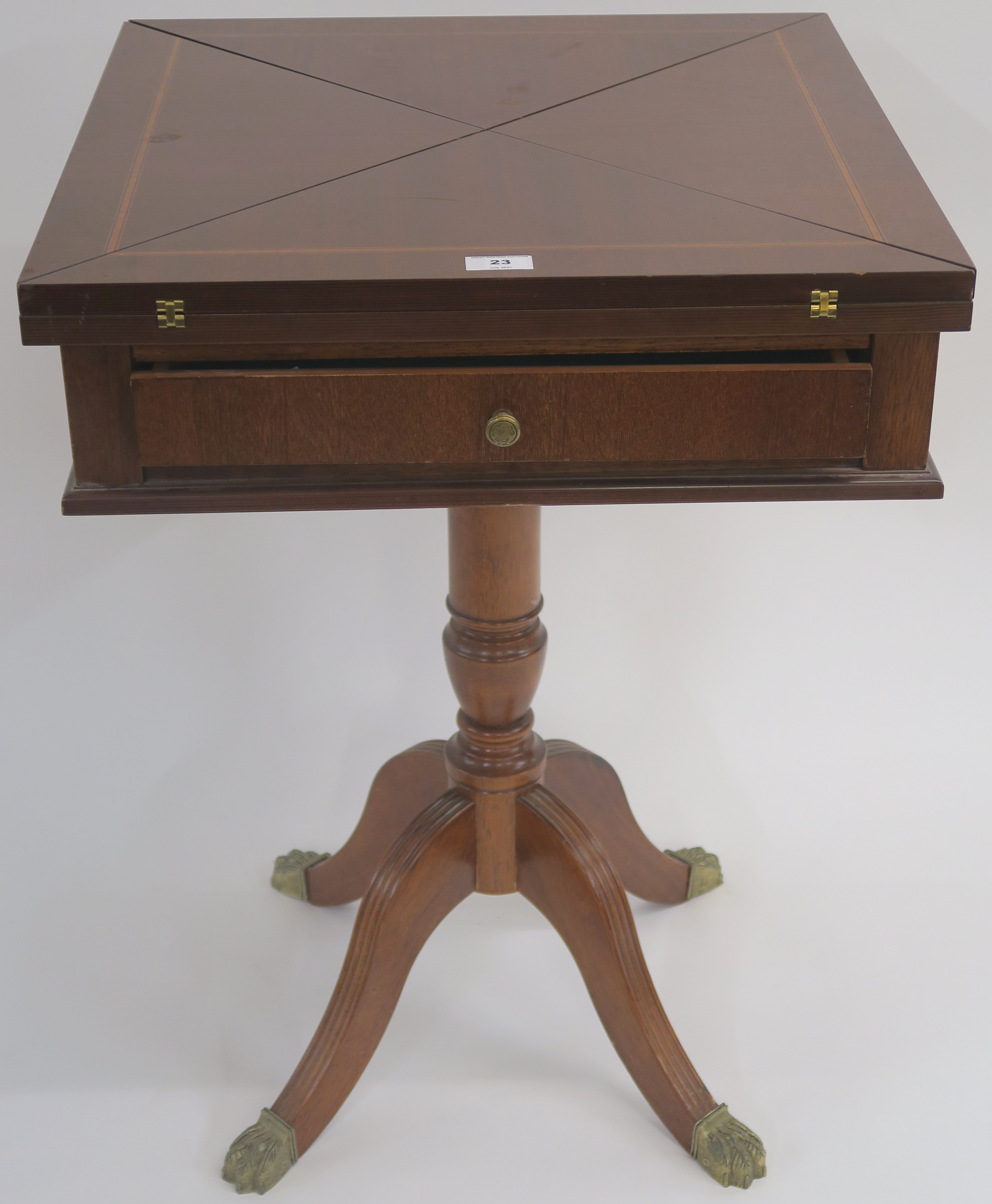 A reproduction mahogany envelope card table with single drawer, 76cm high x 54cm wide x 54cm deep - Image 2 of 2