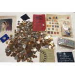 A collection of GB pre decimal coins, foreign coins, and banknotes with a quantity of stamps