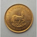 A South African 1/2 Krugerrand, 1980, 17grams Condition Report: Available upon request