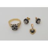 A 9ct gold sapphire and diamond accent, retro cluster ring size Q1/2, with similar earrings and