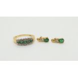 A 9ct gold emerald and diamond ring size T1/2, with similar earrings, weight together 4.9gms