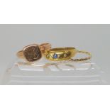 A 15ct gold sapphire and pearl ring M1/2, weight 2.2gms, a 9ct rose gold signet ring size P1/2,