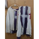 A lot comprising six Knights Templar tunics with embroidered red silk crosses, six Masonic blue wool