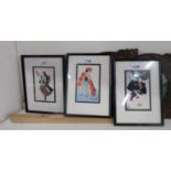 A lot comprising three Japanese silk paintings of a geisha, samurai & theatre performer, 17 x 23