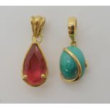 Two Italian made pendants, set with a turquoise colour stone and pink glass gem, weight combined 7.