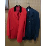 A lot comprising a red suit jacket with velvet collar, a 1920's RAF jacket, a military trench