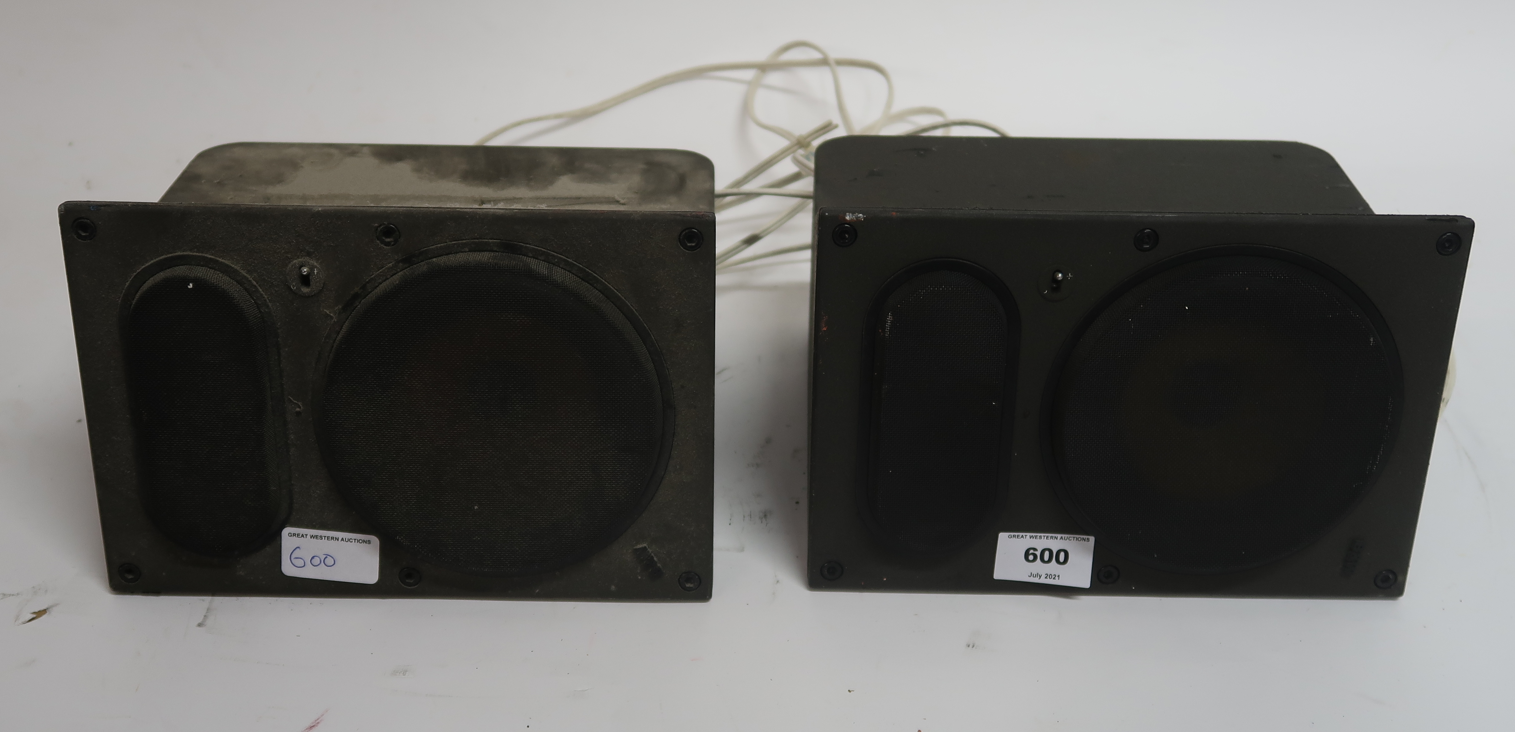 A pair of Bowers and Wilkins B & W LM1 cast alloy loudspeakers with one visible serial number