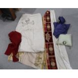 A selection of Masonic textiles including a red velvet embroidered runner with rose and crown