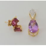 A pair of 18k gold rubellite earrings, together with a patroke kunzite and diamond pendant weight