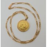 A 1909 full gold sovereign in 9ct gold pendant mount with 9ct gold figaro chain 48cm, weight