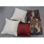 A lot comprising a pair of machine embroidered cushion covers featuring lions and unicorns, a pair