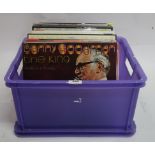 A box of mostly classical and jazz vinyl LP records with Benny Goodman, James Galway, Bizet, Brahms,